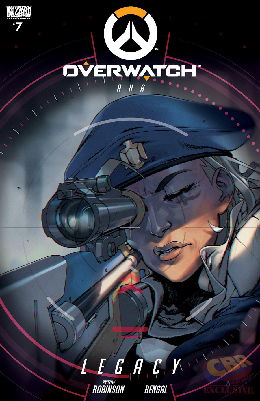 aiming alternate_costume ana_(overwatch) artist_name bengal beret blizzard_(company) captain_amari character_name closed_eyes copyright_name cover crosshair dark_skin emblem face facial_mark facial_tattoo gun hat highres holding holding_gun holding_weapon lips logo long_hair military military_uniform nose official_art overwatch parted_lips rifle scope sniper_rifle solo tattoo uniform watermark weapon white_hair younger