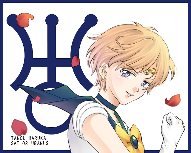 bishoujo_senshi_sailor_moon blonde_hair blue_eyes blue_sailor_collar bow brooch character_name choker earrings gloves jewelry koya looking_at_viewer petals sailor_collar sailor_senshi_uniform sailor_uranus short_hair smile solo ten'ou_haruka tiara typo upper_body uranus_symbol very_short_hair white_background white_gloves yellow_bow