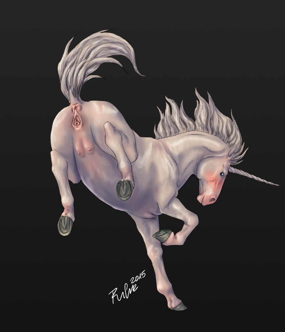 2015 anatomically_correct anatomically_correct_anus anatomically_correct_pussy animal_genitalia animal_pussy anus black_background blue_eyes clitoral_winking clitoris digital_media_(artwork) dock equine equine_pussy female feral fur hooves horn mammal mane puffy_anus pussy quadruped raised_tail rufciu signature simple_background solo teats underhoof unicorn white_fur