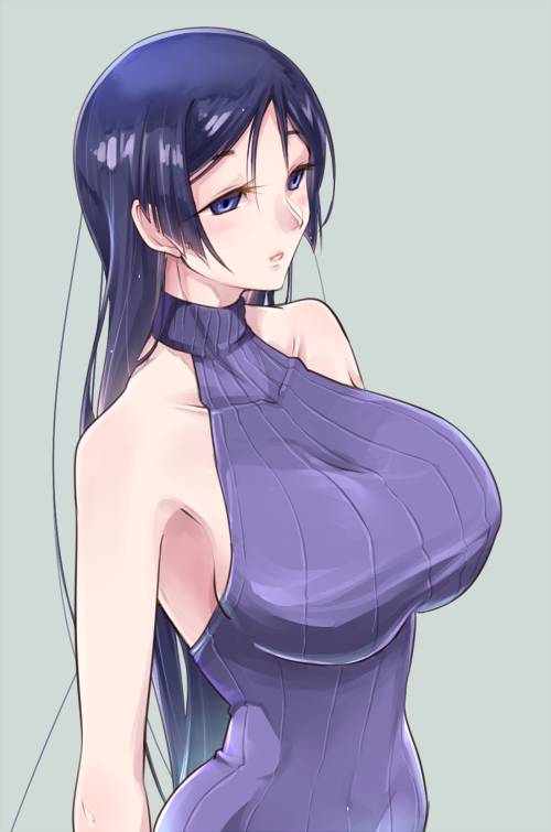 bare_shoulders breasts fate/grand_order fate_(series) grey_background hips large_breasts long_hair minamoto_no_raikou_(fate/grand_order) purple_eyes purple_hair reidu ribbed_sweater simple_background sleeveless sleeveless_turtleneck solo sweater sweater_vest turtleneck