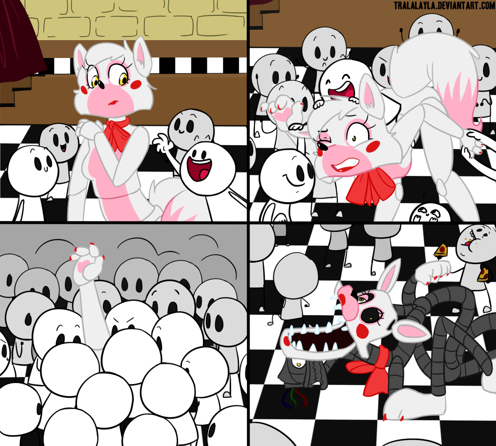 ambiguous_gender animatronic anthro bent_over blush bow_tie breasts canine child comic eating exposed_endoskeleton featureless_breasts female five_nights_at_freddy's five_nights_at_freddy's_2 food fox group happy human machine mammal mangle_(fnaf) nervous pain pizza robot stage toy_foxy_(fnaf) tralalayla video_games yellow_eyes young