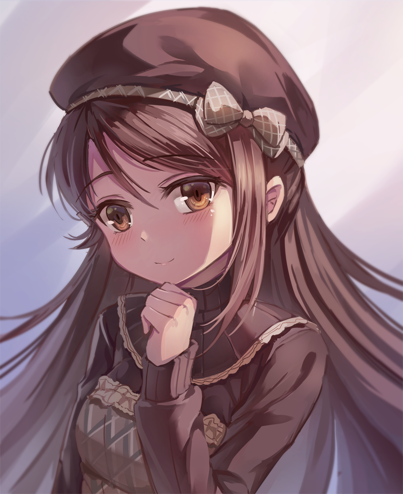 backlighting bangs beret blush bow brown brown_eyes brown_hair brown_hat closed_mouth eyebrows eyebrows_visible_through_hair eyelashes hair_between_eyes hair_ornament hat hat_bow long_hair long_sleeves looking_at_viewer love_live! love_live!_sunshine!! miazi plaid sakurauchi_riko smile solo upper_body