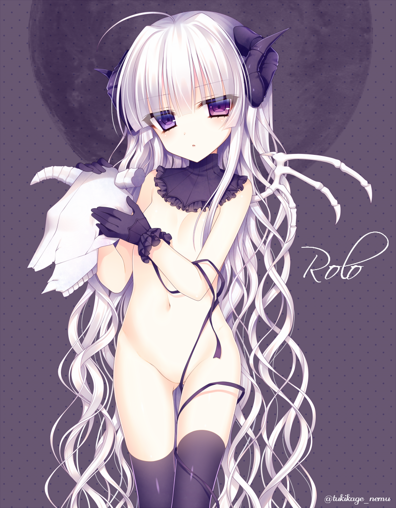 absurdly_long_hair ass_visible_through_thighs bone_wings breasts character_name convenient_censoring cow_skull cravat demon_horns gloves hair_censor horns long_hair no_nipples no_pussy nude original purple_eyes ribbon rolo_noir single_wing small_breasts solo thighhighs tsukikage_nemu twitter_username very_long_hair wavy_hair white_hair wings