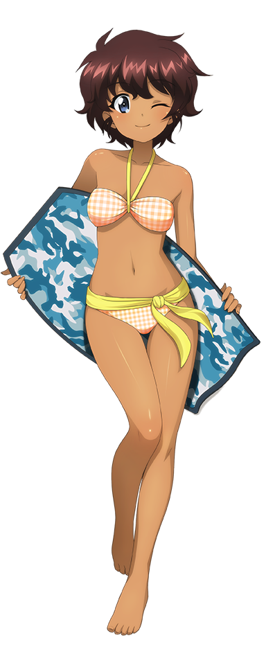 ;) bad_source bangs barefoot bikini blue_eyes blush breasts brown_hair camouflage closed_mouth dark_skin eyebrows eyebrows_visible_through_hair feet full_body girls_und_panzer halter_top halterneck holding kickboard legs legs_together light_smile looking_at_viewer navel official_art one_eye_closed orange_bikini plaid plaid_bikini sash short_hair small_breasts smile solo standing suzuki_(girls_und_panzer) swimsuit thigh_gap tiptoes transparent_background