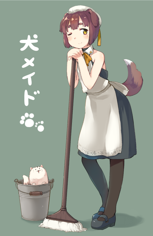 ;) animal_ears apron bare_shoulders black_legwear blue_footwear blush brown_eyes brown_hair bucket closed_mouth dog_ears dog_tail dress eyebrows full_body green_background hat head_tilt maid mary_janes mop one_eye_closed original pantyhose shoes short_hair simple_background sleeveless sleeveless_dress smile solo standing tail thick_eyebrows translated u_(mikaduki0720) white_hat