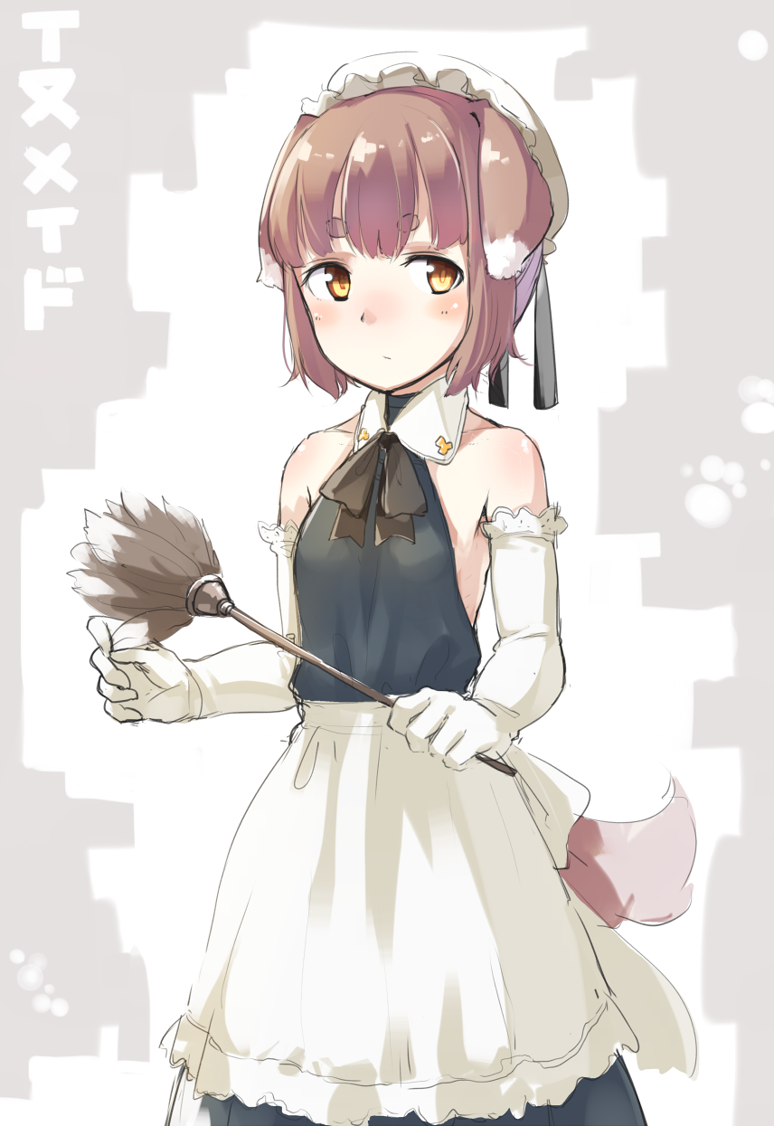 :/ animal_ears apron bare_shoulders black_ribbon blush brown_eyes brown_hair closed_mouth detached_collar dog_ears dog_tail dress elbow_gloves eyebrows feather_duster gloves hat highres holding maid neck_ribbon nose_blush original ribbon short_hair sketch sleeveless sleeveless_dress solo tail thick_eyebrows translated u_(mikaduki0720) waist_apron white_gloves white_hat