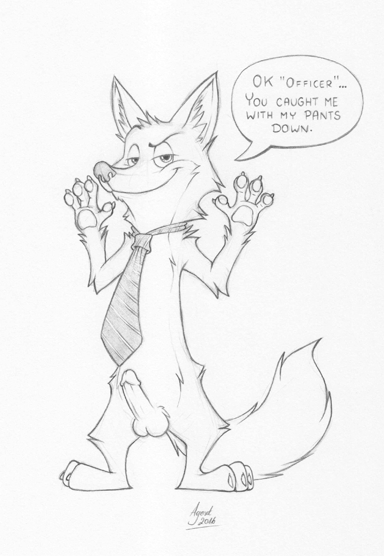 agent_(artist) anthro balls canine circumcised dialogue disney english_text fox front_view greyscale grin humanoid_penis looking_at_viewer male mammal monochrome mostly_nude naughty_face necktie nick_wilde pawpads pencil_(artwork) penis plantigrade raised_arm signature simple_background solo speech_bubble standing talking_to_viewer text traditional_media_(artwork) white_background zootopia