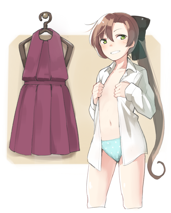 akigumo_(kantai_collection) black_ribbon blue_panties blush brown_hair clothes_hanger collared_shirt cropped_legs dress dress_removed dress_shirt green_eyes grin hair_between_eyes hair_ribbon head_tilt kantai_collection long_hair navel open_clothes open_shirt panties pleated_skirt polka_dot polka_dot_panties ponytail red_dress ribbon shirt skirt smile solo u_(mikaduki0720) underwear very_long_hair white_shirt wing_collar