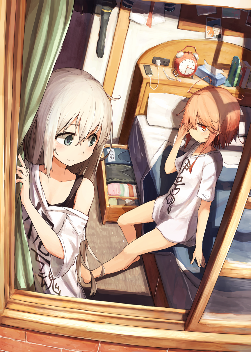 ahoge alarm_clock alternate_costume analog_clock arm_at_side bangs barefoot bed bedroom beize_(garbage) black_bra blue_eyes book bra brown_hair bulletin_board cellphone charger clock clothes_removed clothes_writing commentary curtains from_outside hair_between_eyes hair_ornament highres i-58_(kantai_collection) indoors iphone kantai_collection long_hair looking_at_another looking_to_the_side messy_hair multiple_girls naked_shirt on_bed open_drawer open_window phone photo_(object) pillow platinum_blonde_hair print_shirt red_eyes rubbing_eyes shirt short_hair_with_long_locks short_sleeves sidelocks silver_hair sitting smartphone smile sports_bra swimsuit swimsuit_removed t-shirt tissue_box u-511_(kantai_collection) underwear very_long_hair waking_up white_shirt window