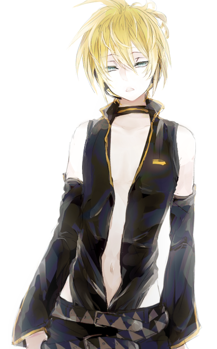 1boy bare_shoulders belt blonde_hair blue_eyes choker collarbone detached_sleeves eyelashes half-closed_eyes headphones highleg_leotard kagamine_len leotard looking_at_viewer male_focus navel open_clothes open_mouth open_shirt project_diva project_diva_2nd saegome short_ponytail shorts simple_background sleeveless_shirt solo speaker upper_body vocaloid white_background
