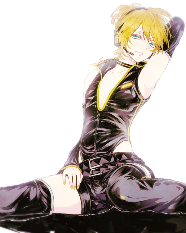 1boy arm_up armpits artist_name bare_shoulders belt blonde_hair blue_eyes choker detached_sleeves eyelashes headphones highleg highleg_leotard kagamine_len legs_apart leotard looking_at_viewer male_focus nail_polish parted_lips project_diva project_diva_2nd saegome short_shorts shorts simple_background sitting sleeveless_shirt smile solo speaker thigh_boots v-neck vocaloid white_background yellow_nails zettai_ryouiki