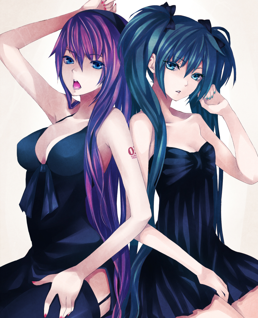 alternate_costume arm_up bad_id bad_pixiv_id blue_nails dress garter_straps hatsune_miku long_hair megurine_luka multiple_girls nail_polish open_mouth pink_nails roku_(hikokeng) sitting strapless strapless_dress thighhighs twintails very_long_hair vocaloid