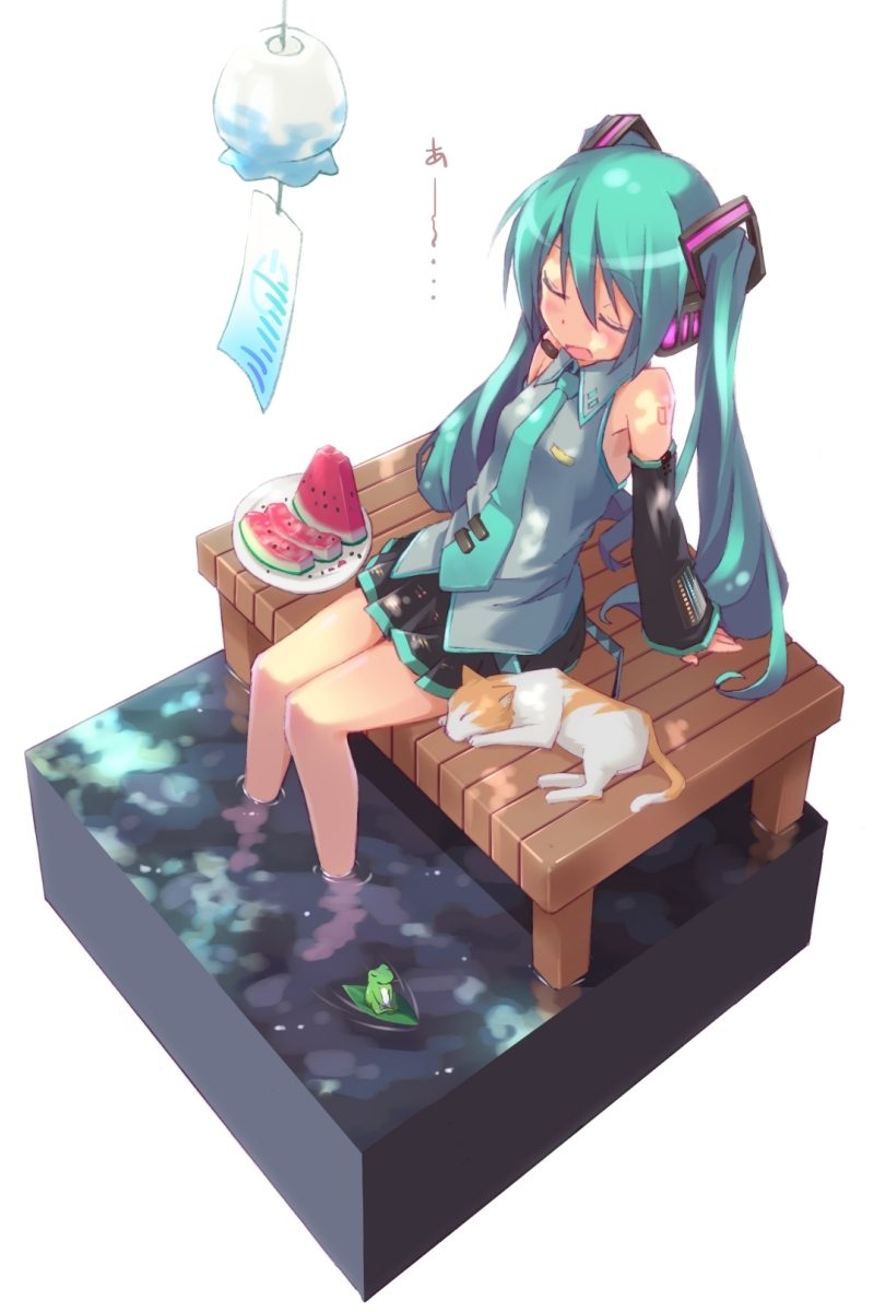 aqua_hair arm_support barefoot cat closed_eyes detached_sleeves dock faux_figurine food frog fruit full_body hatsune_miku headphones headset highres isometric long_hair necktie roke shade simple_background sitting skirt soaking_feet solo summer twintails vocaloid water watermelon wind_chime