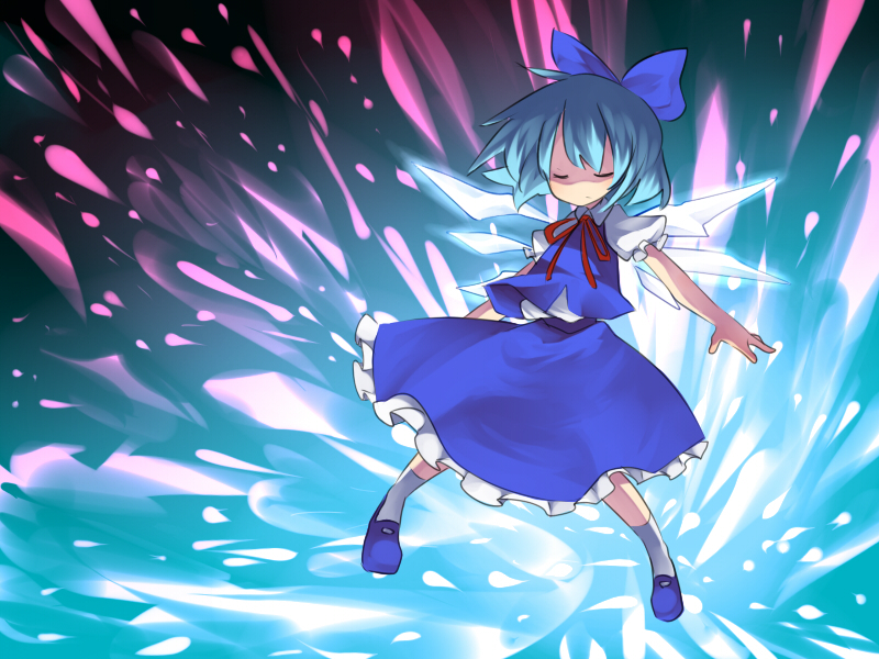 blue_hair bow cirno closed_eyes danmaku hair_bow ice mikan_(ama_no_hakoniwa) outstretched_arms solo spread_arms touhou wallpaper wings