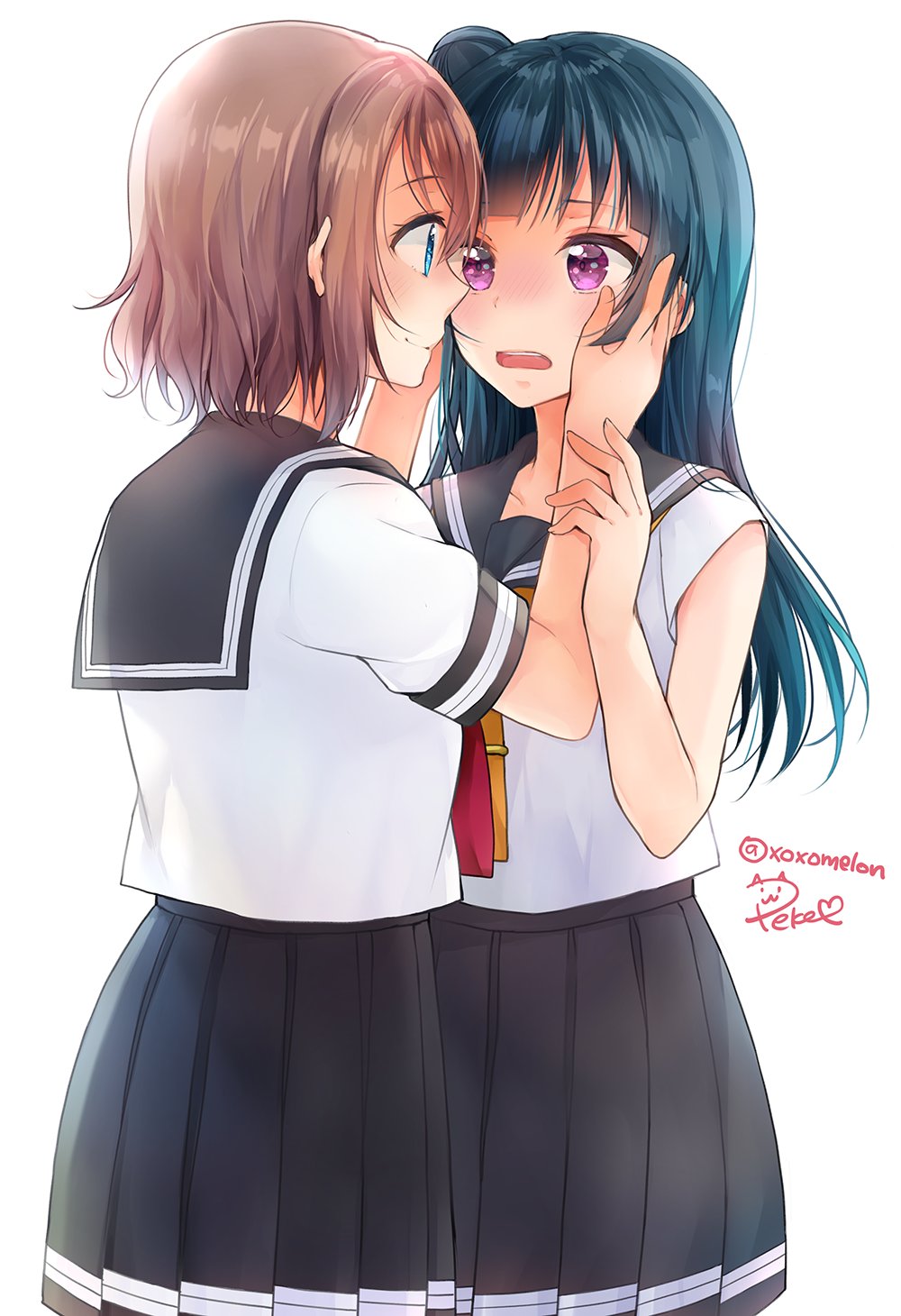 2girls artist_name bangs black_sailor_collar black_skirt blue_eyes blue_hair blush brown_hair commentary_request eye_contact face-to-face hands_on_another's_arms hands_on_another's_cheeks hands_on_another's_face hands_on_another's_arms hands_on_another's_cheeks hands_on_another's_face highres long_hair looking_at_another love_live! love_live!_sunshine!! multiple_girls neckerchief open_mouth orange_neckwear peke_(xoxopeke) pleated_skirt red_neckwear sailor_collar school_uniform serafuku shirt short_hair short_sleeves side_bun signature simple_background skirt tie_clip tsushima_yoshiko twitter_username uranohoshi_school_uniform watanabe_you white_background white_shirt yuri