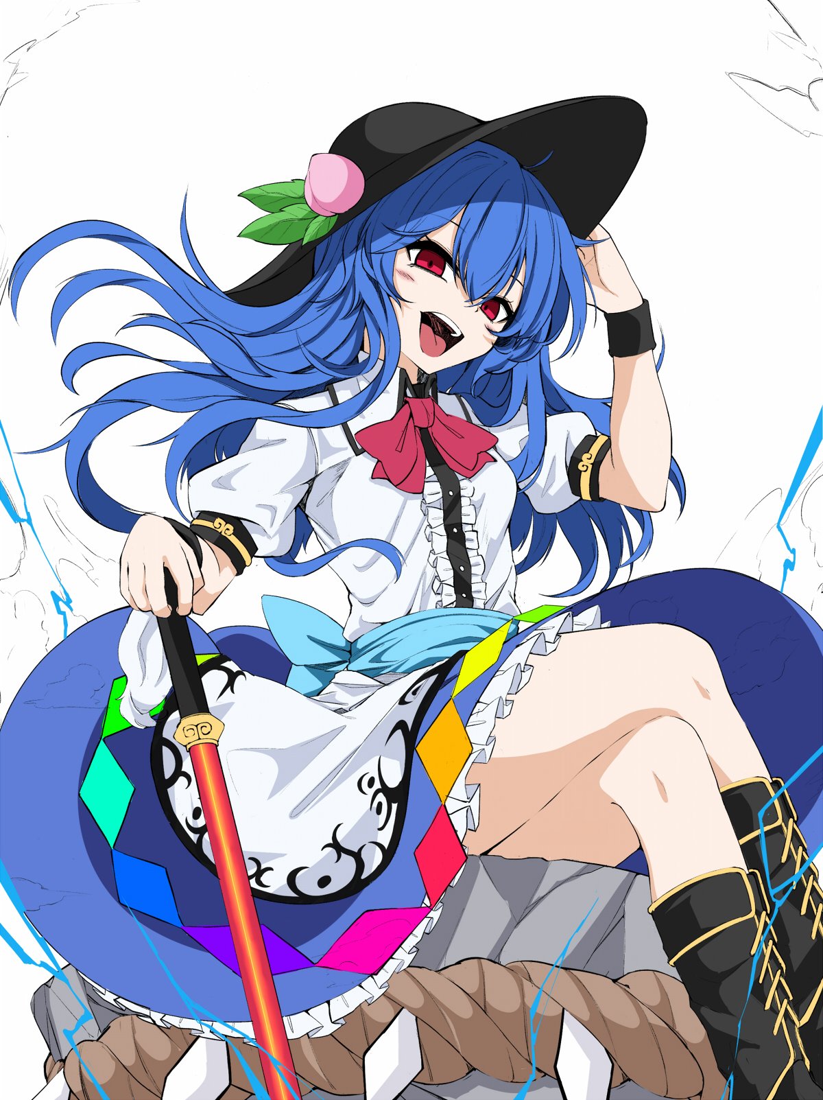 1girl black_footwear black_hat blouse blue_hair blue_skirt boots bow bowtie breasts commentary_request feet_out_of_frame food fruit hand_on_headwear hand_up hat head_tilt highres hinanawi_tenshi holding holding_sword holding_weapon keystone leaf legs_crossed looking_at_viewer medium_breasts open_mouth peach petticoat red_bow red_eyes red_neckwear rihito_(usazukin) rope shide simple_background sitting skirt smile solo sword sword_of_hisou thighs tongue tongue_out touhou weapon white_background white_blouse wing_collar work_in_progress wristband