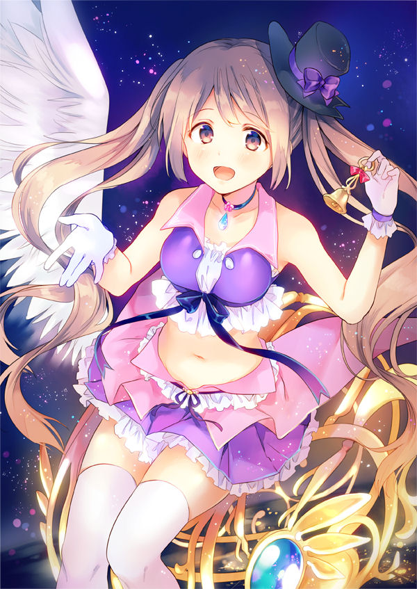 :d bare_shoulders bell brown_eyes brown_hair choker crop_top gem gloves hat holding long_hair midriff mini_hat mini_top_hat navel open_mouth original ousaka_nozomi pleated_skirt purple_skirt shirt sitting skirt sleeveless sleeveless_shirt smile solo thighhighs top_hat twintails very_long_hair white_gloves white_legwear