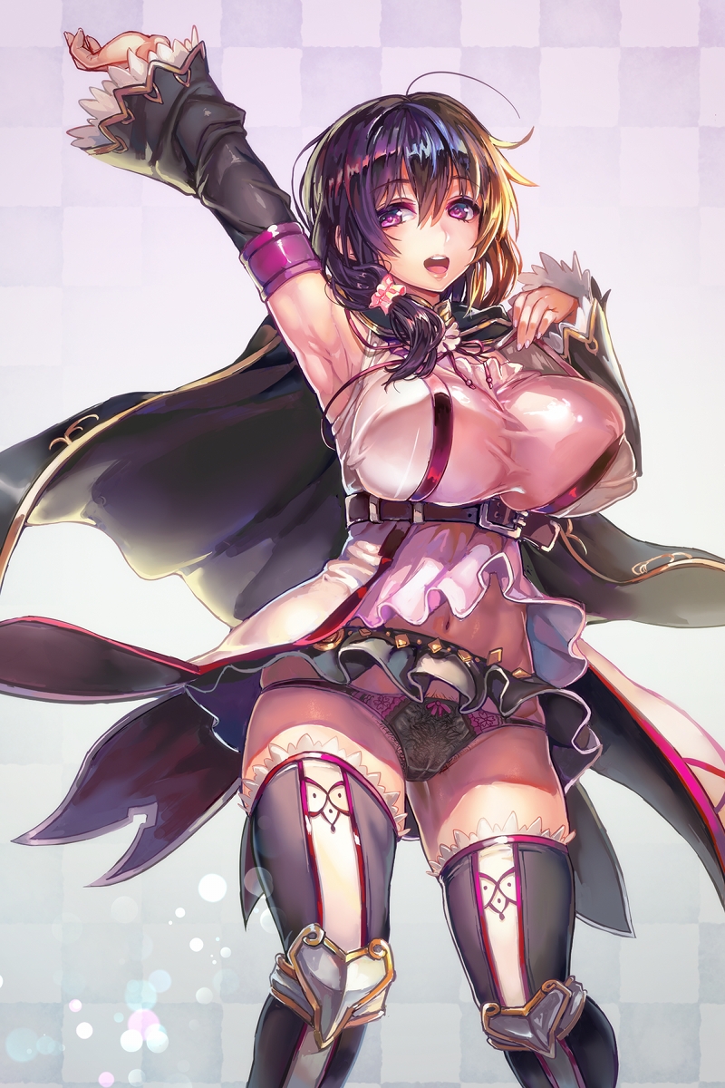 arm_up armpits black_hair black_panties breasts cameltoe checkered checkered_background chikokuma flower_knight_girl gradient gradient_background highres large_breasts long_hair looking_at_viewer midriff navel night_phlox_(flower_knight_girl) panties pubic_hair purple_eyes see-through skindentation smile solo thighs underwear