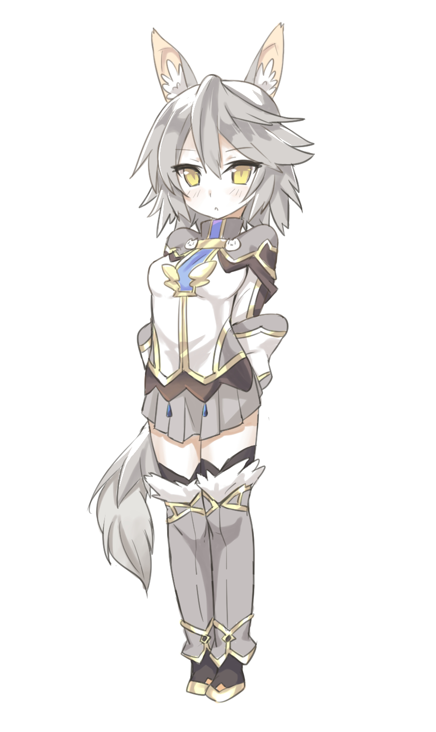 :&lt; animal_ears boots full_body gloves highres lo_xueming pop-up_story rita_drake short_hair silver_hair skirt solo tail thigh_boots thighhighs white_background wolf_ears wolf_girl wolf_tail yellow_eyes