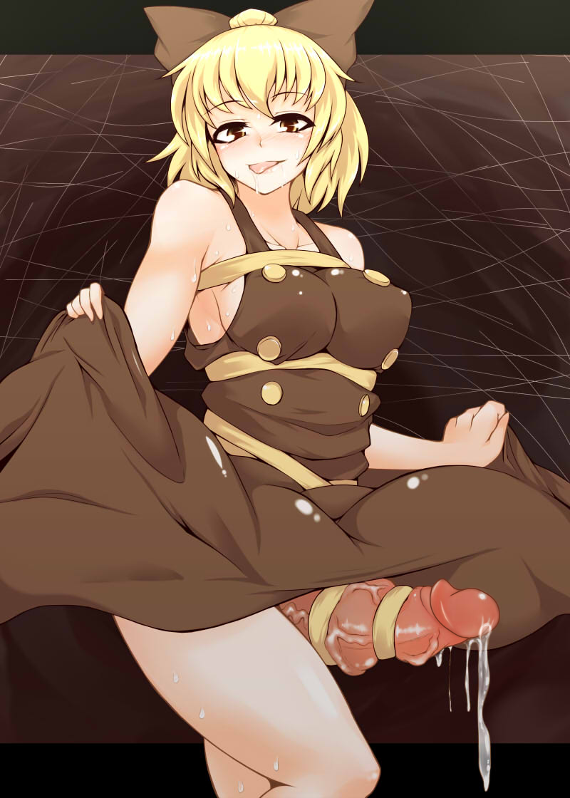 1girl blonde_hair bow breasts brown_dress brown_eyes buttons cock_ring cum decensored dress dress_lift futanari hair_bow huge_penis kurodani_yamame pandain penis precum ribbon short_hair solo subterranean_animism sweat tied_penis tongue tongue_out touhou uncensored