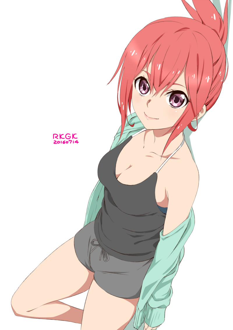 2016 breasts cardigan cleavage dated looking_at_viewer medium_breasts off_shoulder original pink_hair ponytail purple_eyes saitoyu00 short_hair shorts simple_background sleeveless smile solo white_background