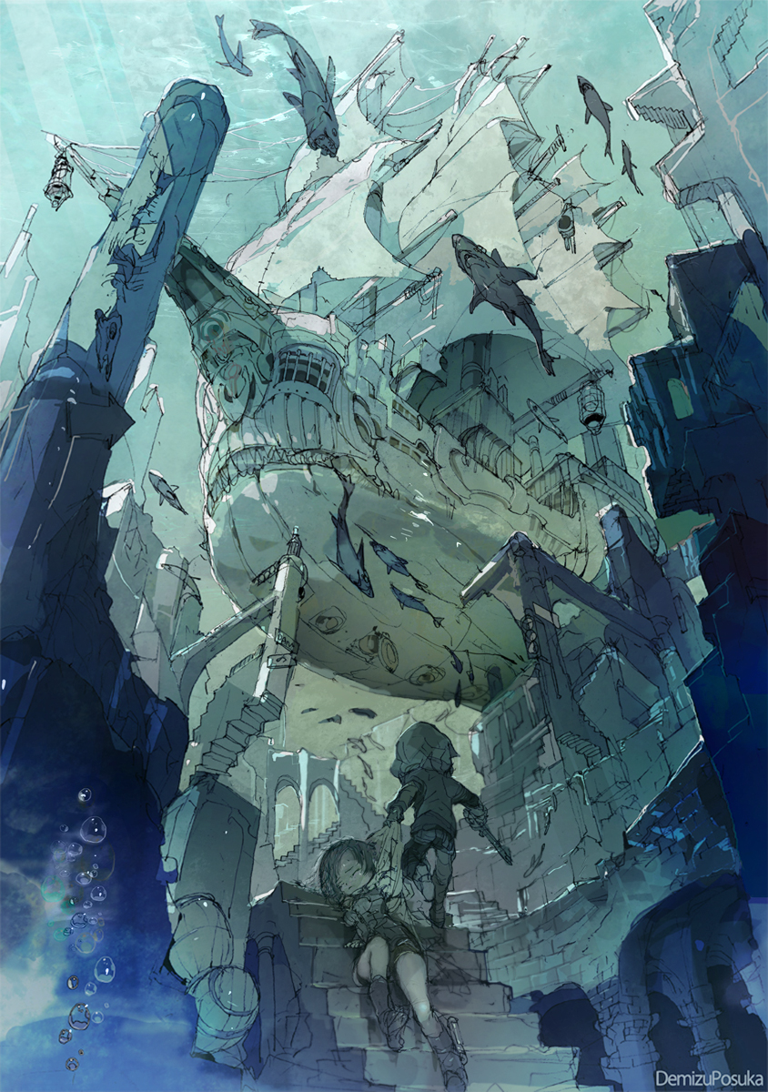 artist_name barrel boat clothes_grab commentary demizu_posuka fantasy fish from_below highres hood immersed original sailboat sails scenery shark ship shipwreck sketch stairs unconscious underwater underwater_city watercraft