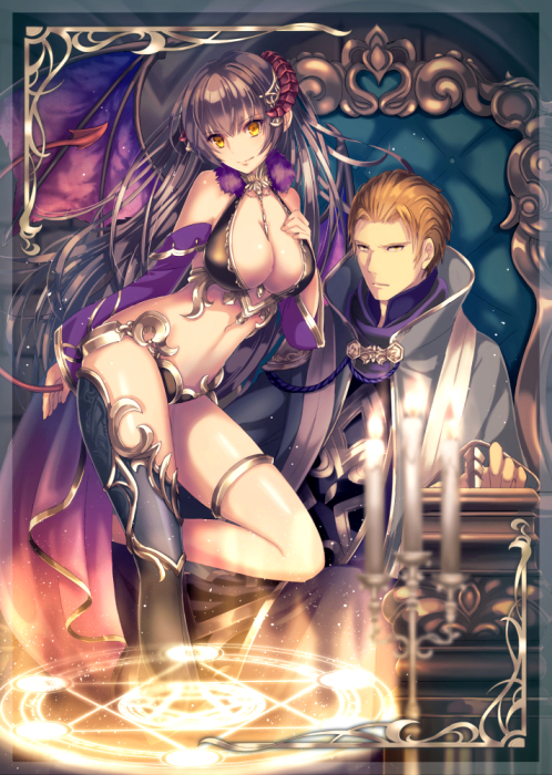 1girl ain_soff_oulu bare_shoulders black_gloves black_legwear breasts brown_hair cover cover_page demon_girl demon_horns demon_tail demon_wings detached_sleeves elbow_gloves gloves hexagram horns huge_breasts jewelry lirshana long_hair looking_at_viewer magic_circle maou_no_hajimekata official_art robe shintou short_hair single_thighhigh succubus tail thighhighs throne wings yellow_eyes