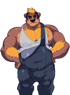anthro bear beef belly biceps bruin bulge butch clothing cm cursedmarked dynewulf invalid_tag male male/male mammal mature meaty muscular nipples overalls overweight pecs