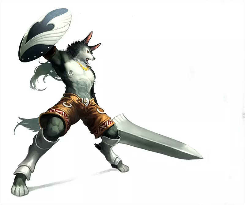 armor black_fur black_nose canine clothed clothing fur jewelry male mammal melee_weapon moodraw multicolored_fur muscular necklace nipple_piercing nipples open_mout pants piercing shield simple_background solo standing sword topless weapon white_background white_fur wolf