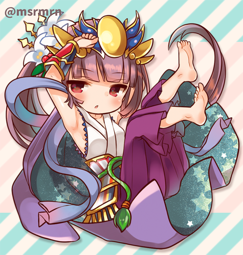 :o armpits arms_up barefoot blush cape hakama japanese_clothes kimono long_hair lowres marshmallow_mille purple_hair puzzle_&amp;_dragons red_eyes very_long_hair yomi_(p&amp;d)