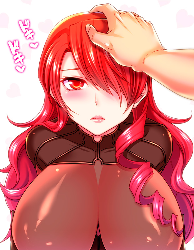 1girl blush cleavage drill_hair eyelashes hair_over_one_eye halterneck heart kirijou_mitsuru large_breasts lips long_hair looking_at_viewer persona persona_3 persona_4:_the_ultimate_in_mayonaka_arena petting red_eyes red_hair shibuki_oroshi shiny_clothes simple_background skin_tight solo_focus tsurime upper_body wavy_hair white_background