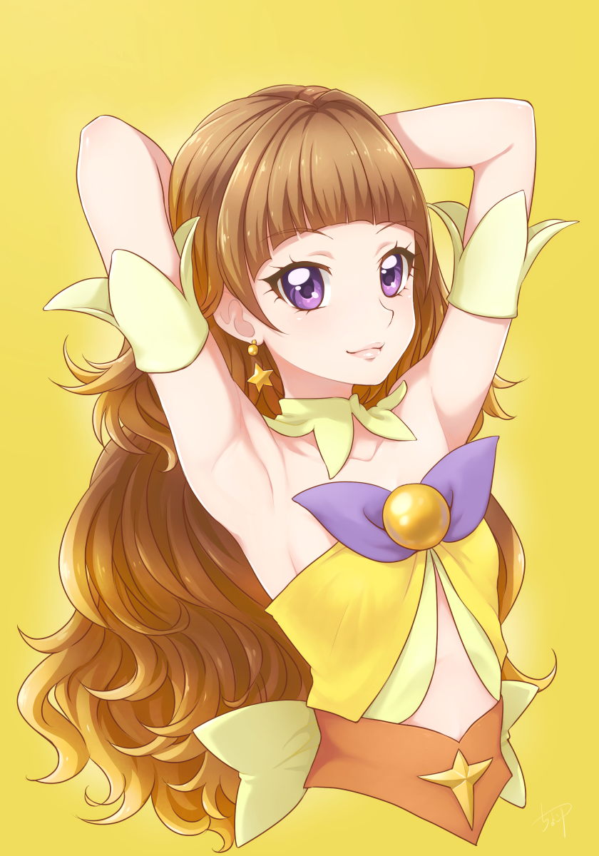 1girl amanogawa_kirara arm_strap armpits bangs blunt_bangs bow breasts brown_hair chocokin choker collarbone cropped_torso cure_twinkle earrings eyebrows_visible_through_hair go!_princess_precure highres jewelry long_hair looking_at_viewer midriff precure purple_eyes sideboob simple_background sleeves small_breasts smile solo star star_earrings stomach striped very_long_hair yellow_background yellow_bow