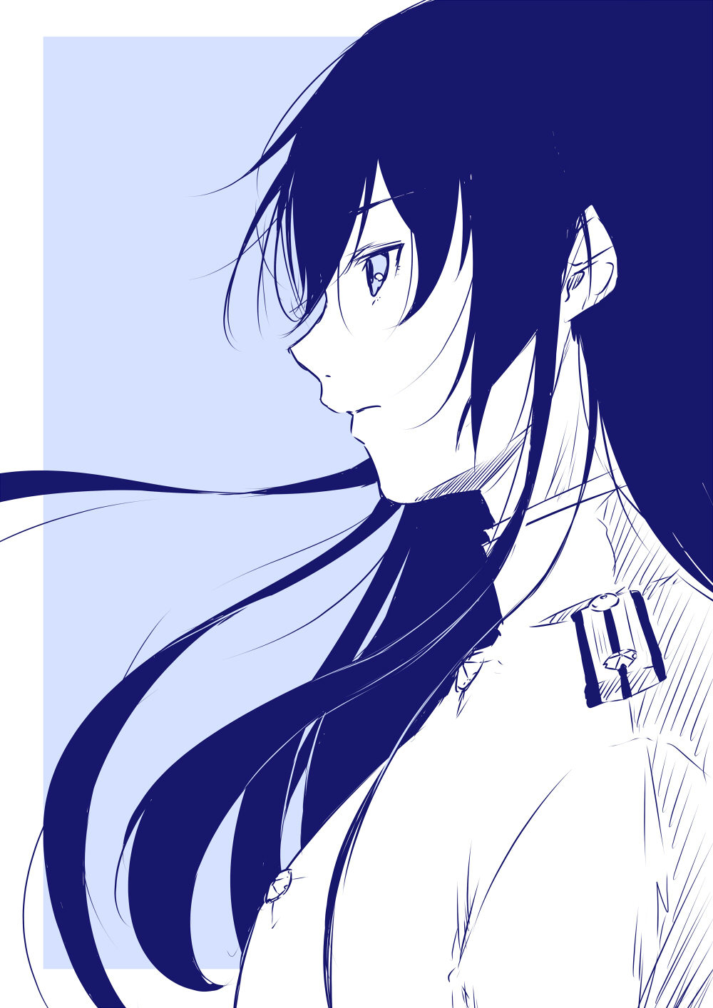 bangs black_hair blue_background commentary_request epaulettes female_admiral_(kantai_collection) from_side highres kantai_collection limited_palette long_hair military military_uniform niwatazumi sidelocks sketch solo tatebayashi_sakurako uniform upper_body wind