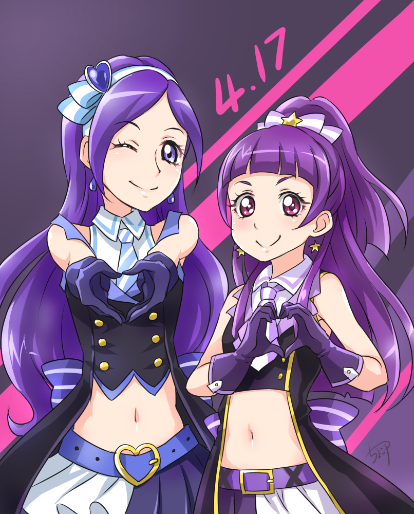 2girls ;) bangs belt black_background blue_eyes blue_gloves blunt_bangs character_request chocokin crop_top earrings gloves hair_ornament hairband heart heart_hair_ornament heart_hands high_ponytail izayoi_liko jewelry long_hair looking_at_viewer mahou_girls_precure! midriff miniskirt multiple_girls navel necktie one_eye_closed pleated_skirt precure purple_gloves purple_hair red_eyes shiny shiny_hair short_necktie skirt sleeveless smile standing star star_earrings stomach striped striped_neckwear very_long_hair