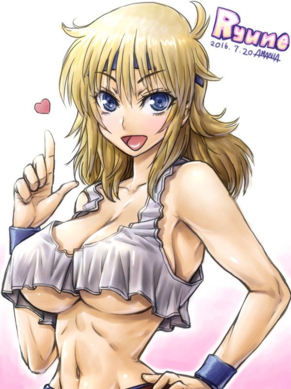 amania_orz bare_shoulders blonde_hair blue_eyes breasts character_name crop_top crop_top_overhang dated headband heart large_breasts long_hair lune_zoldark midriff navel open_mouth pointing smile solo super_robot_wars super_robot_wars_original_generation tank_top underboob white_background wristband