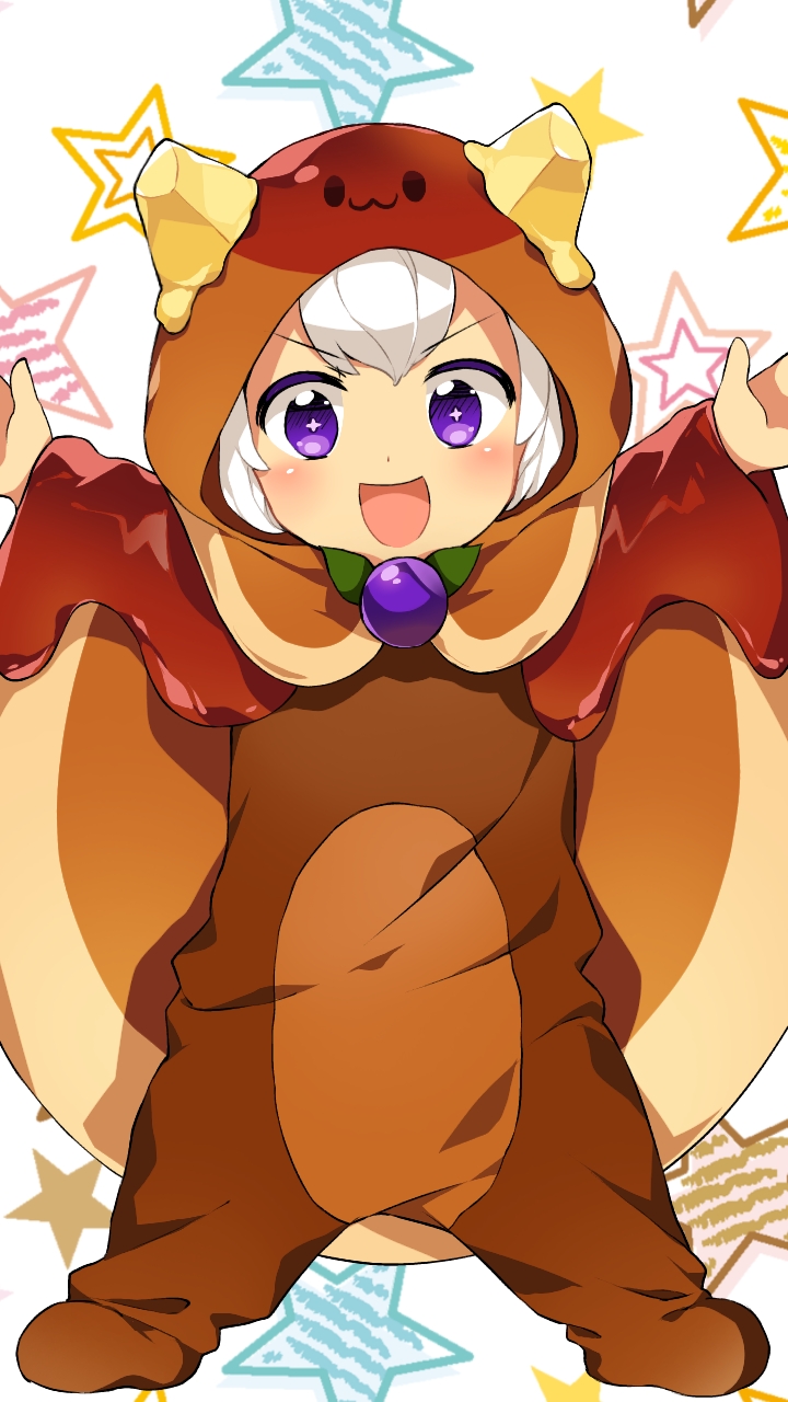+_+ 1girl :3 :d arms_up bangs blush brown_cape butter caramell0501 character_request cookie_run eyebrows_visible_through_hair food food_themed_clothes highres hood hood_up long_sleeves looking_at_viewer open_mouth outstretched_arms purple_eyes short_hair smile solid_oval_eyes solo spread_arms star starry_background v-shaped_eyebrows white_background white_hair