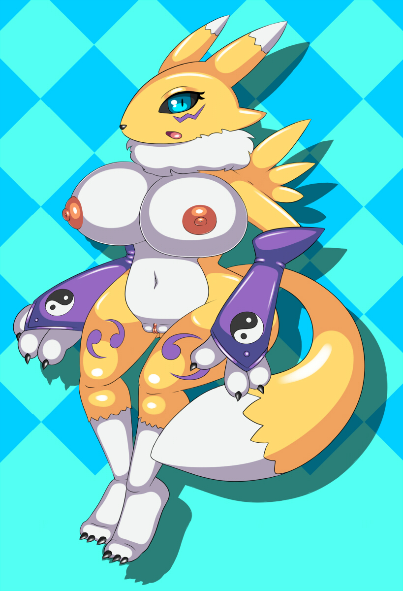 anthro big_breasts blue_eyes breasts canine clothing digimon elbow_gloves female fox fur gloves mammal nipples nirriti nude open_mouth pussy renamon solo tuft white_fur wide_hips yellow_fur