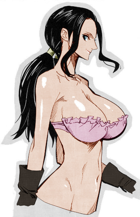 bare_shoulders black_gloves black_hair blue_eyes bra breasts cleavage colorfag colorized derivative_work frills gloves huge_breasts long_hair looking_at_viewer low_twintails navel nico_robin one_piece one_piece_film_z profile purple_bra revealing_clothes shiny shiny_skin simple_background smile solo third-party_edit twintails underwear upper_body white_background