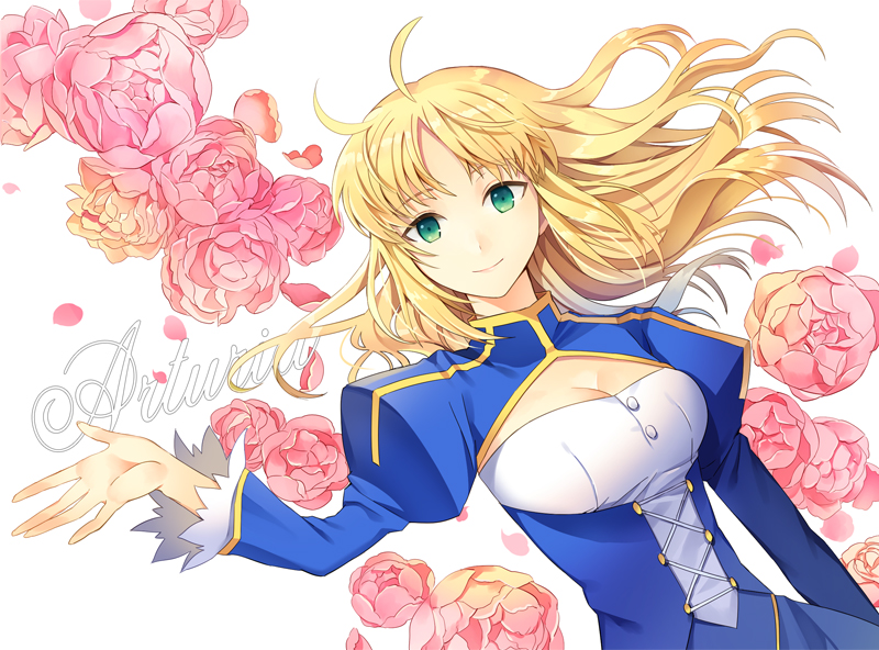 ahoge artoria_pendragon_(all) bad_id bad_pixiv_id blonde_hair breasts character_name cleavage cleavage_cutout dress ells fate/stay_night fate_(series) flower frilled_sleeves frills green_eyes long_hair medium_breasts petals rose rose_petals saber solo white_background