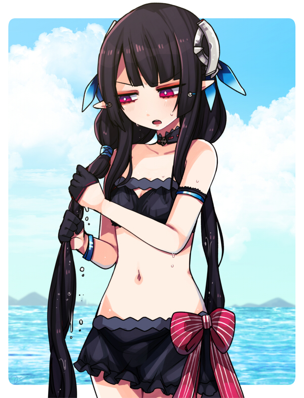 agi_(neckless) anette_(pso2) bikini black_bikini black_hair cloud day hair_ornament head_tilt long_hair low_twintails navel open_mouth phantasy_star phantasy_star_online_2 pointy_ears red_eyes sky solo standing swimsuit twintails very_long_hair water wet wringing_hair