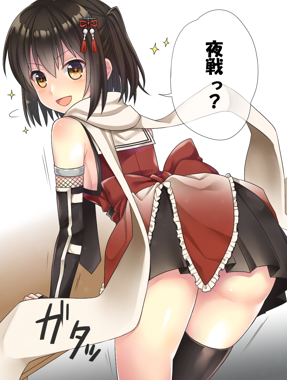:d arm_support ass bare_shoulders black_legwear black_skirt breasts brown_hair dress elbow_gloves from_behind gloves hair_ornament highres kantai_collection leaning_forward light_brown_eyes looking_at_viewer miniskirt neckerchief night_battle_idiot open_mouth pleated_skirt remodel_(kantai_collection) scarf sendai_(kantai_collection) short_dress sideboob single_thighhigh skirt sleeveless sleeveless_dress small_breasts smile solo sparkle sparkling_eyes speech_bubble thighhighs thighs translated two_side_up v-shaped_eyebrows white_scarf yuzuttan