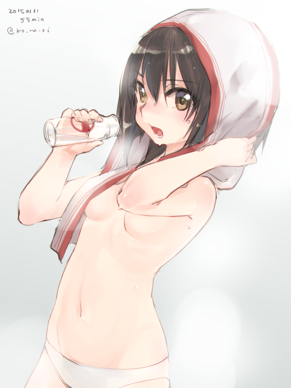 2015 :o artist_name bangs body_blush bottle breasts brown_eyes brown_hair convenient_censoring cowboy_shot dated eyebrows eyebrows_visible_through_hair glass_bottle grey_background hair_between_eyes holding holding_bottle kantai_collection koruri liquid looking_at_viewer navel open_mouth panties sendai_(kantai_collection) short_hair simple_background small_breasts solo stomach tareme topless towel underboob underwear water water_drop wet white_panties