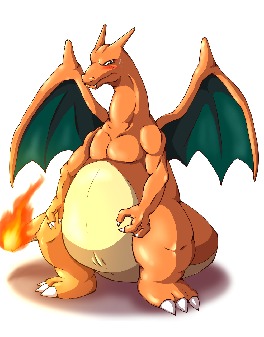 2016 ambiguous_gender ambiguous_slit blue_eyes blush charizard claws embarrassed fangs fast1458 feral fire looking_down nintendo pok&eacute;mon scalie simple_background slightly_chubby slit solo standing video_games white_background wings