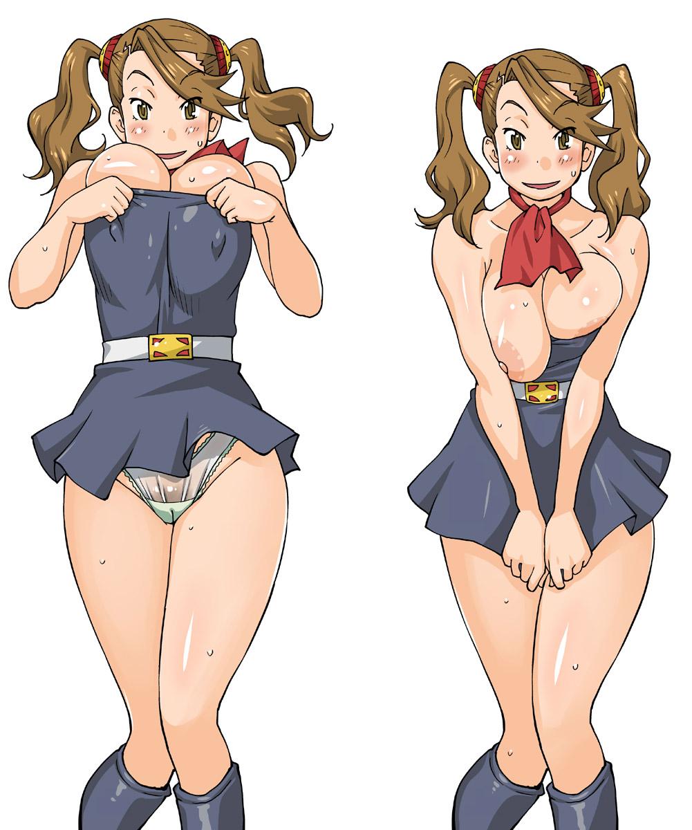 1girl areolae ascot brown_eyes brown_hair exposed gundam_build_fighters_try large_areolae pubic_hair sazaki_kaoruko see-through tails twin white_background