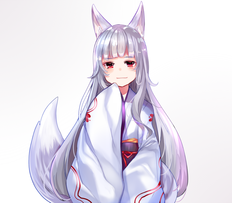 animal_ears character_request copyright_request fox_ears fox_tail japanese_clothes kimono long_hair red_eyes sash silver_hair smile solo tail uiroutsuji_yumihiko wide_sleeves