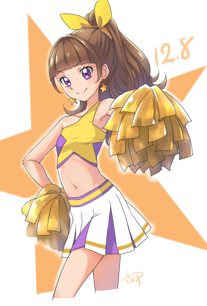1girl amanogawa_kirara asymmetrical_clothes bangs bare_shoulders blunt_bangs bow breasts brown_hair character_request cheerleader chocokin collarbone cropped_legs dated earrings eyebrows_visible_through_hair go!_princess_precure hair_bow high_ponytail jewelry long_hair midriff miniskirt navel pleated_skirt pom_poms precure purple_eyes shiny shiny_hair signature skirt sleeveless small_breasts solo standing star star_earrings stomach white_background white_skirt yellow_bow