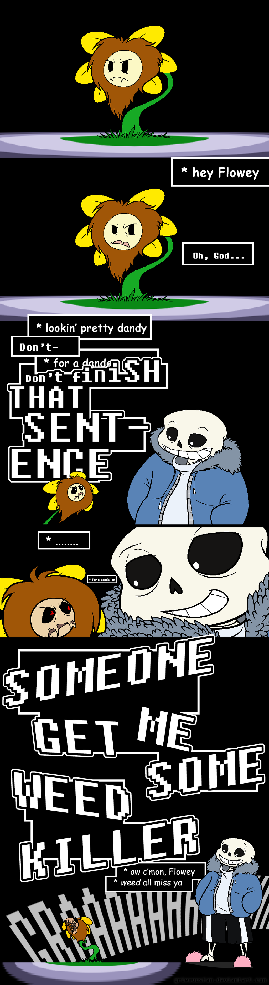 2016 angry animated_skeleton bone clothing comic flora_fauna flower flowey_the_flower grass grievousfan hi_res hoodie humor mane plant pun rage red_eyes sans_(undertale) sharp_teeth skeleton slippers smile spotlight stare teeth text text_box undead undertale video_games yelling