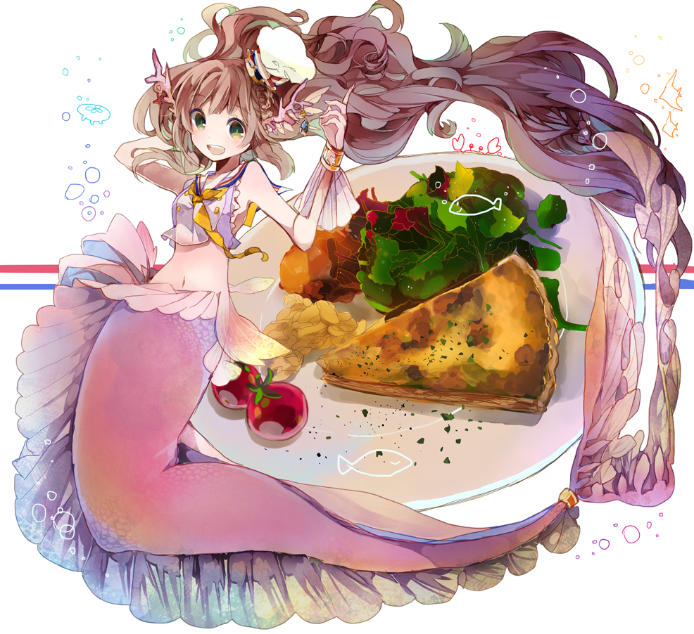 :d bad_id bad_pixiv_id blush brown_hair chef_hat cherry_tomato crab crop_top cyawa fish food full_body green_eyes hand_behind_head hat head_fins index_finger_raised jellyfish long_hair mermaid monster_girl navel open_mouth original plate quiche sailor_collar shirt sleeveless sleeveless_shirt smile solo very_long_hair white_background white_hat