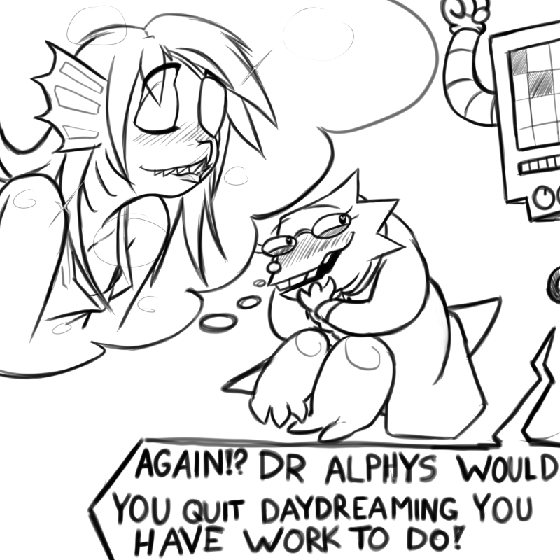 2015 alphys black_and_white blush daydream dialogue eye_patch eyewear female fish glasses lab_coat lizard marine mettaton monochrome reptile scalie sildre tagme undertale undyne video_games