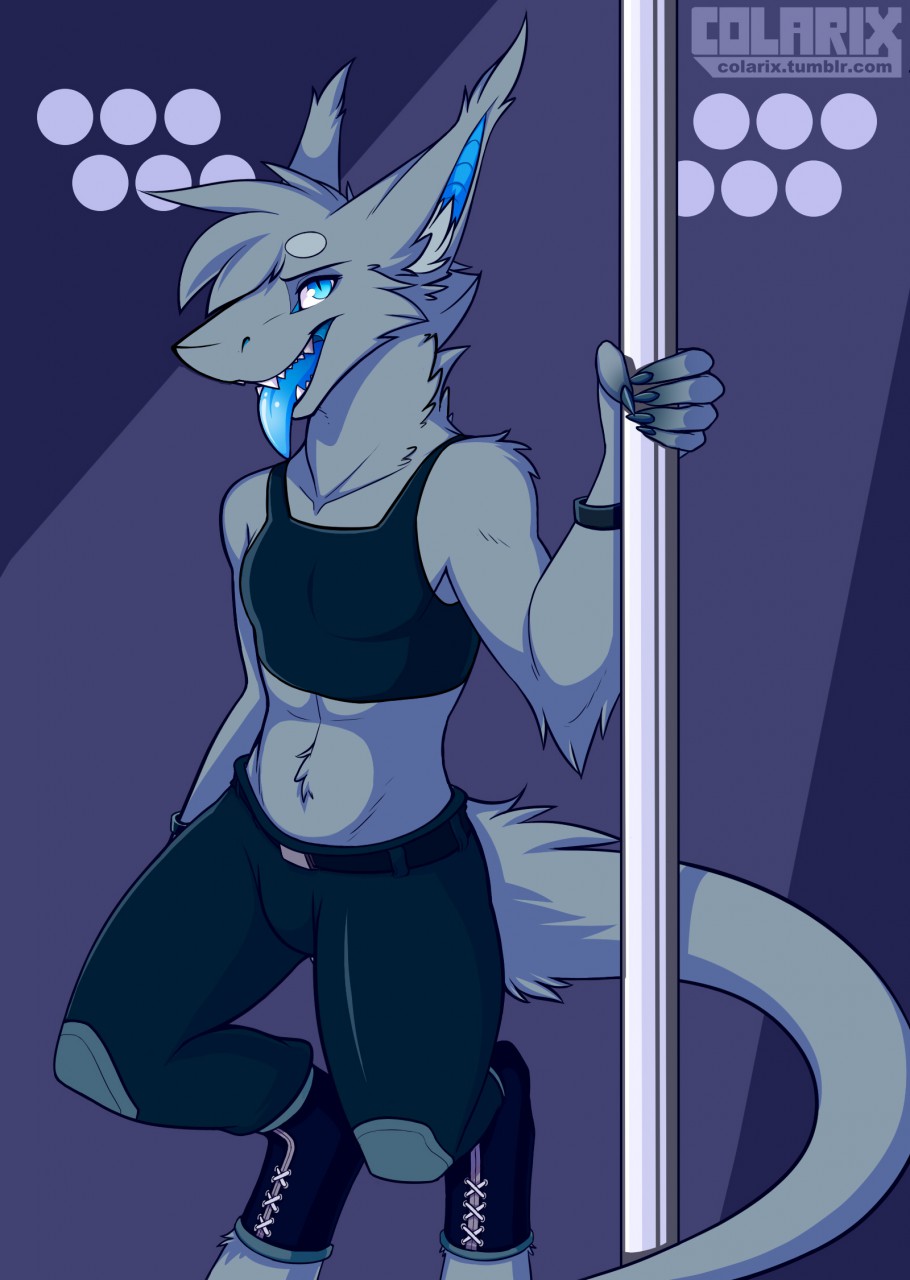 2016 anthro blue_eyes blue_tongue clothed clothing colarix dragon fur furgonomics furred_dragon grey_fur joona_(colarix) looking_at_viewer male pants pole shirt simple_background smile solo standing stripper_pole tank_top tongue watermark